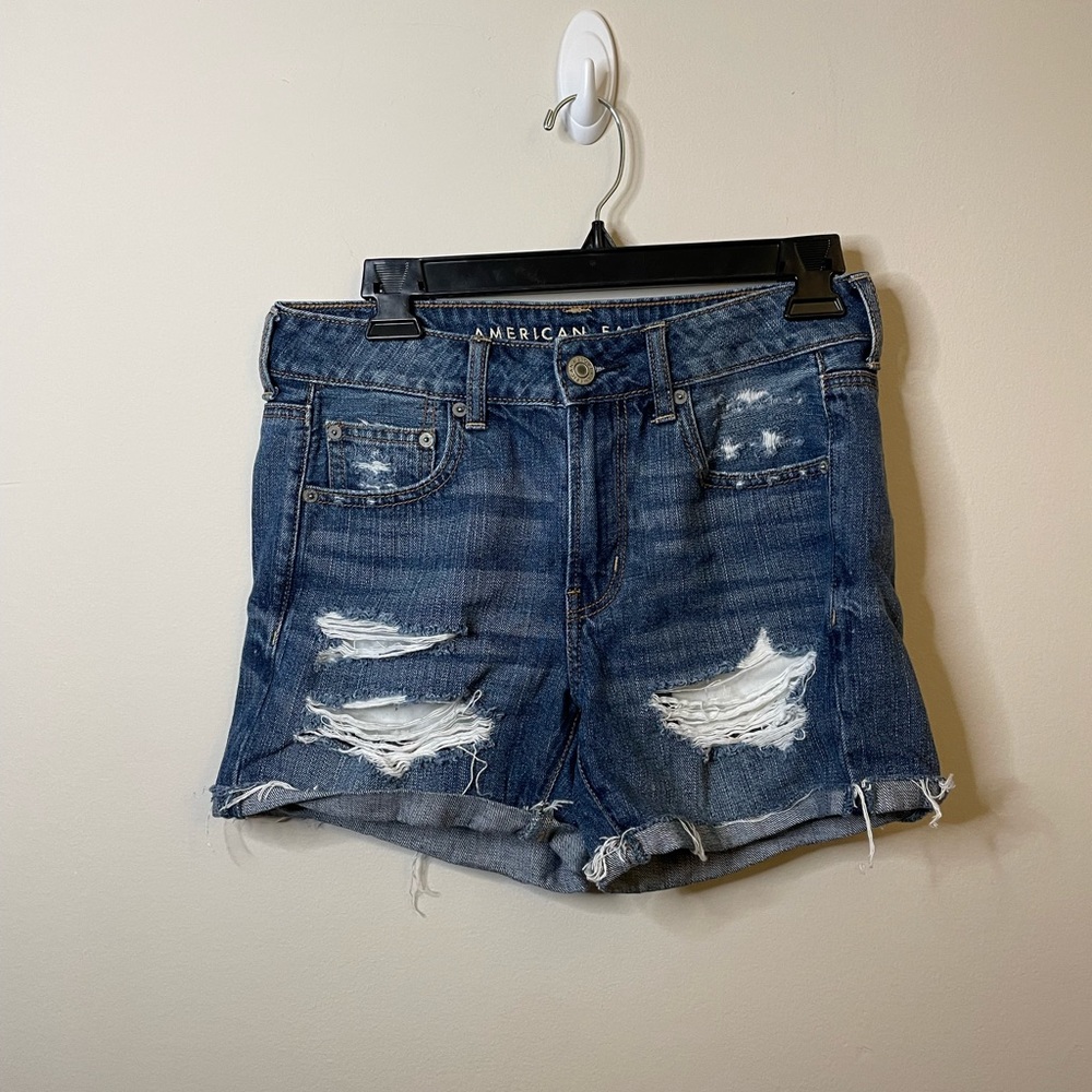 American Eagle Dark Wash Distressed Tomgirl Midi Denim Shorts Spring Summer